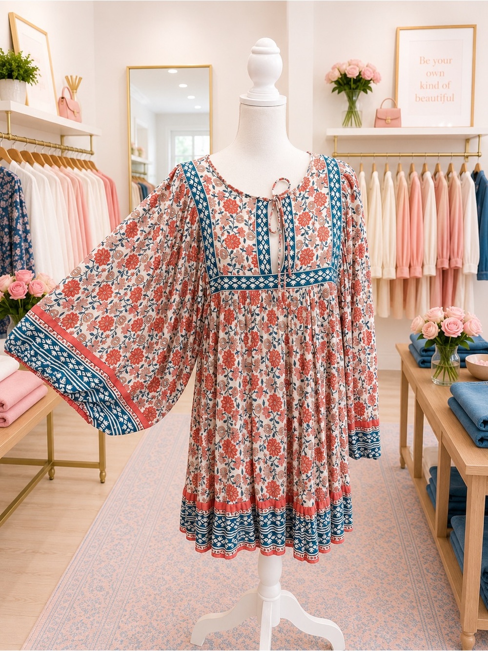 Rachel Zoe Floral Boho Tunic Dress Size Large Red White Blue Balloon Sleeve
